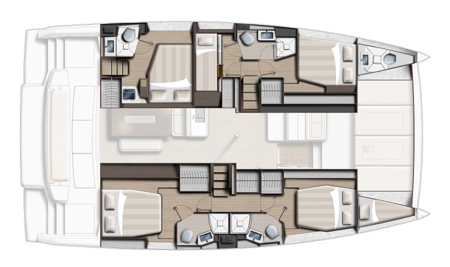 Bali 4.6 Layout - 4 doubles and 1 upper and lower bunks with single in forepeak and toilet and shower -edited