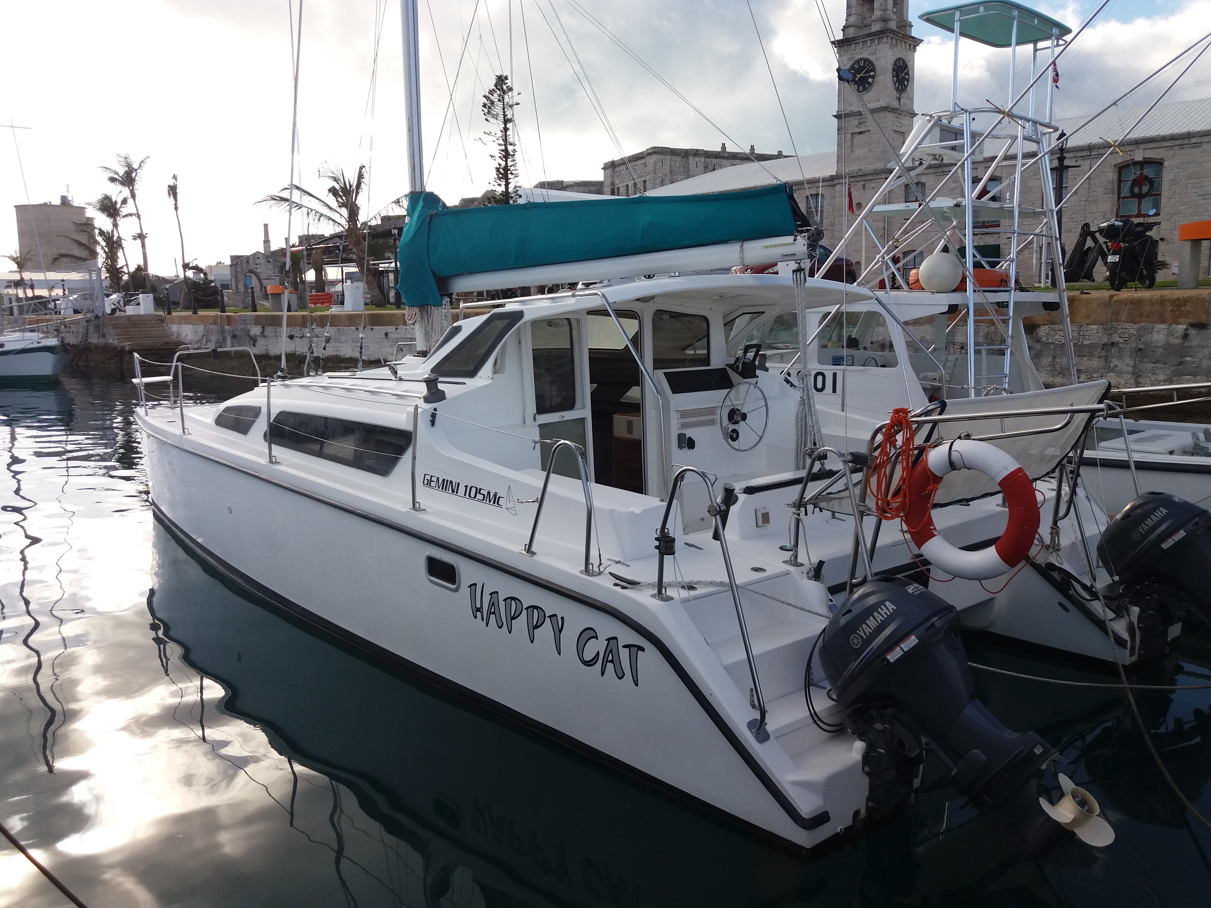 sailing catamaran with outboards